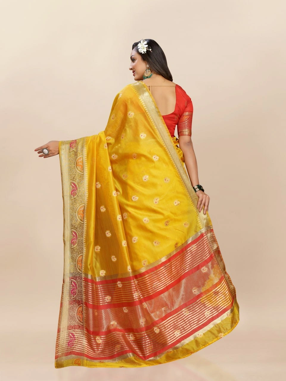 Soft Organza Silk Saree with Meenakari Weaving, Zari Pallu, and Silk Blouse Piece-Yellow-4