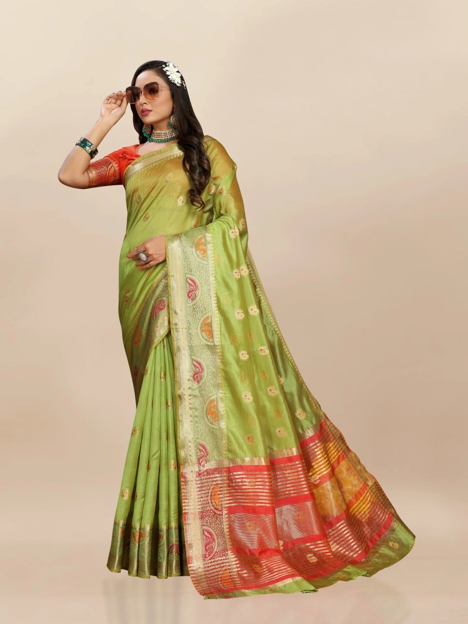 Soft Organza Silk Saree with Meenakari Weaving, Zari Pallu, and Silk Blouse Piece-RMNX-291-Pista