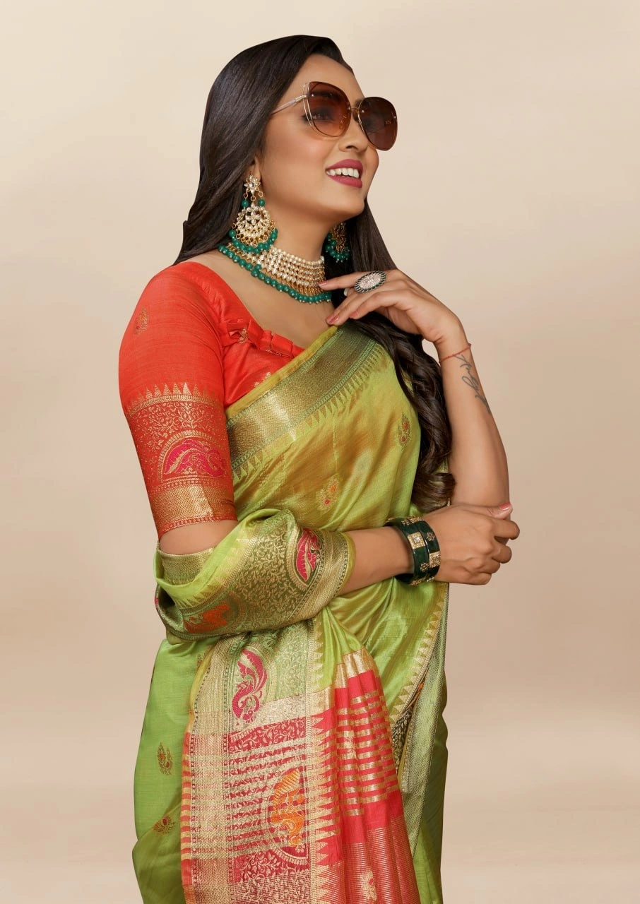 Soft Organza Silk Saree with Meenakari Weaving, Zari Pallu, and Silk Blouse Piece-Pista-1