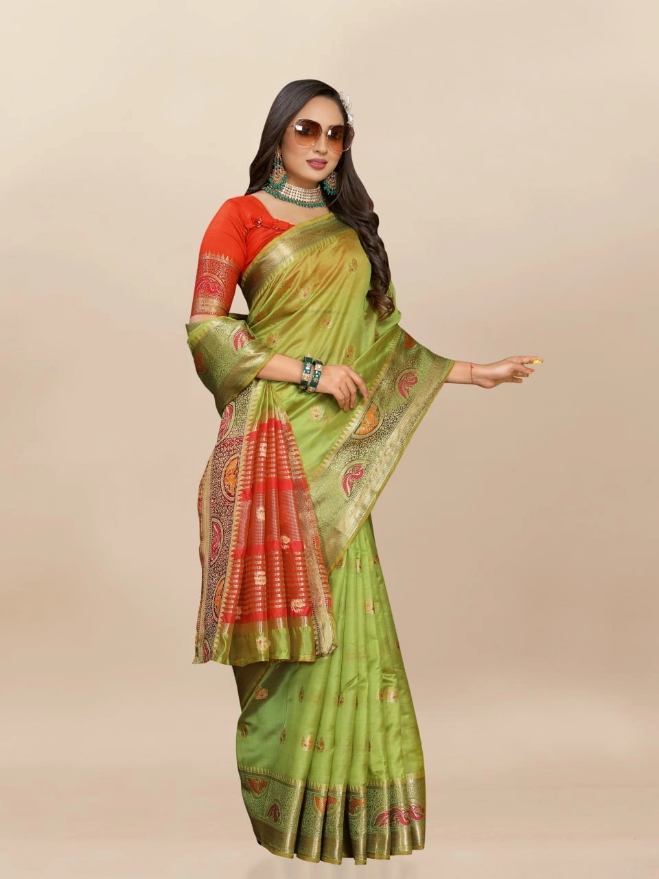 Soft Organza Silk Saree with Meenakari Weaving, Zari Pallu, and Silk Blouse Piece-Pista-2