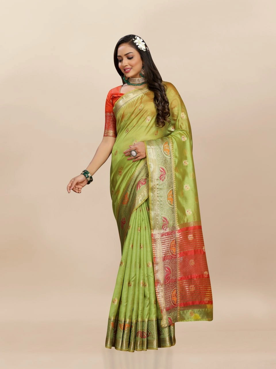 Soft Organza Silk Saree with Meenakari Weaving, Zari Pallu, and Silk Blouse Piece-Pista-3