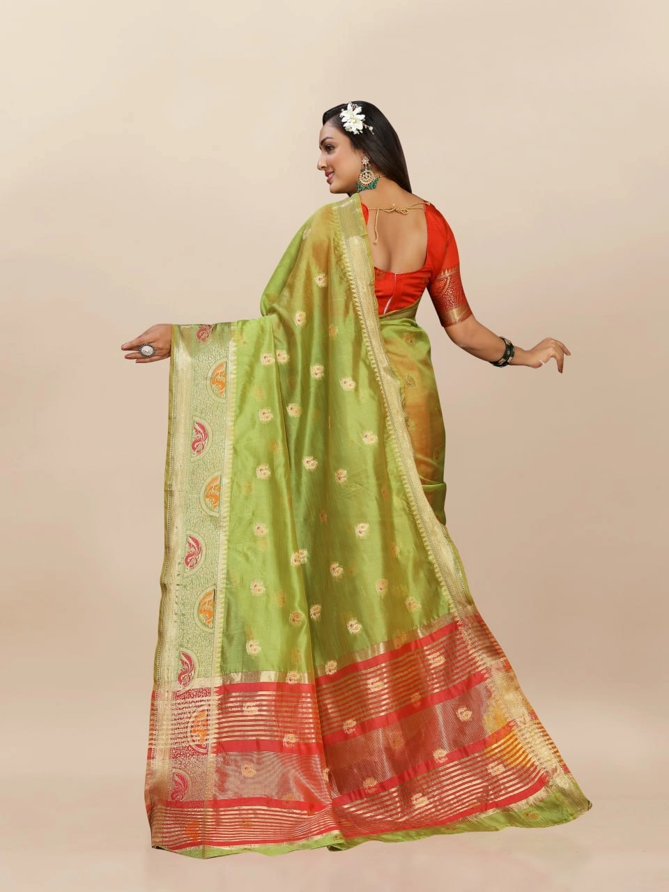 Soft Organza Silk Saree with Meenakari Weaving, Zari Pallu, and Silk Blouse Piece-Pista-4