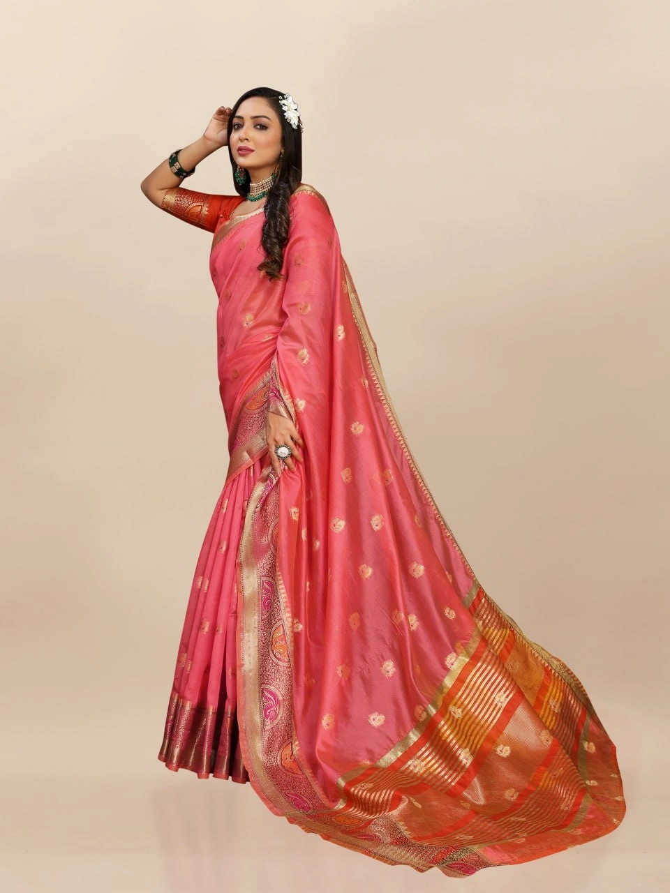 Soft Organza Silk Saree with Meenakari Weaving, Zari Pallu, and Silk Blouse Piece-RMNX-291-Red