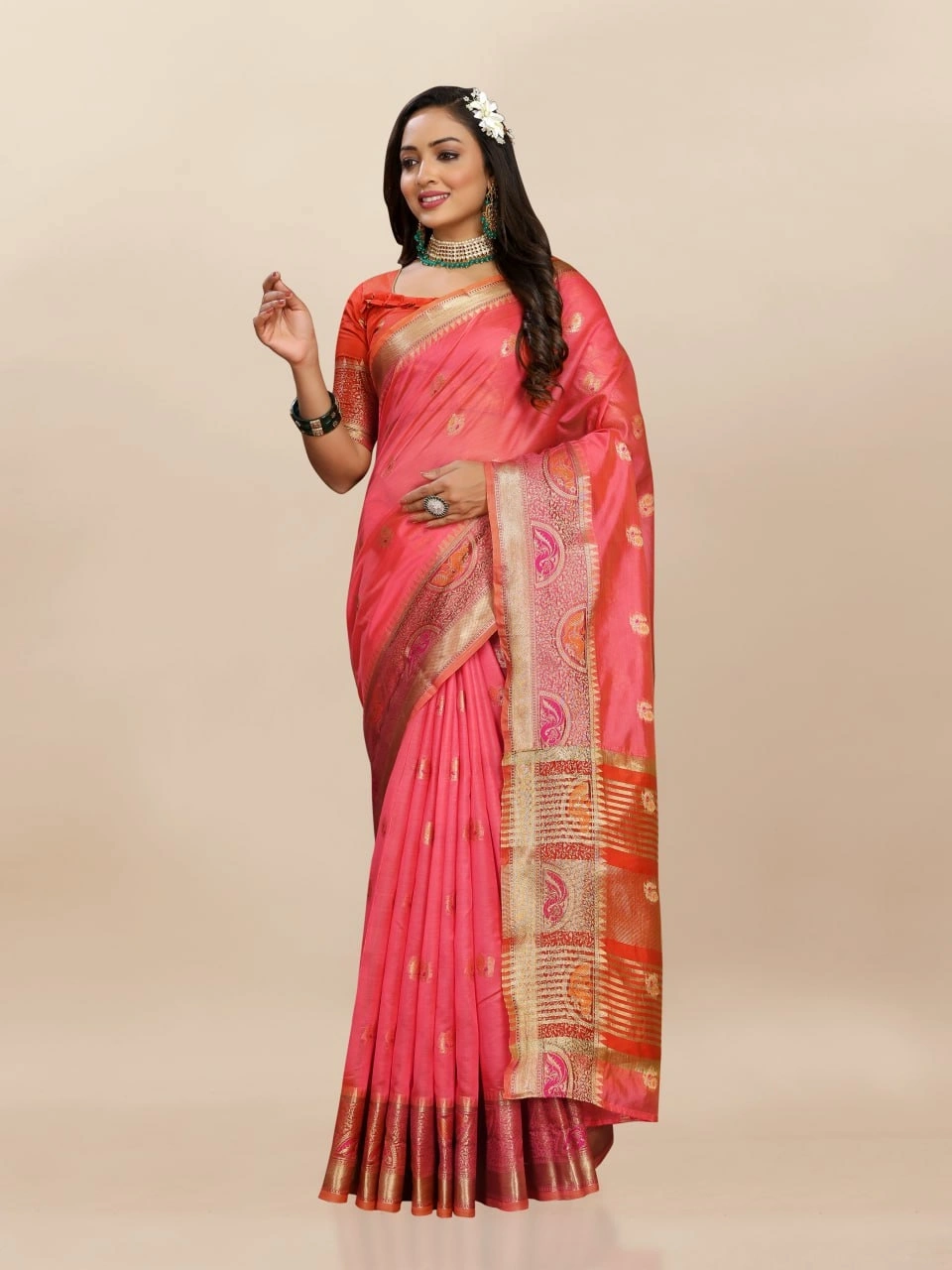 Soft Organza Silk Saree with Meenakari Weaving, Zari Pallu, and Silk Blouse Piece-Red-2