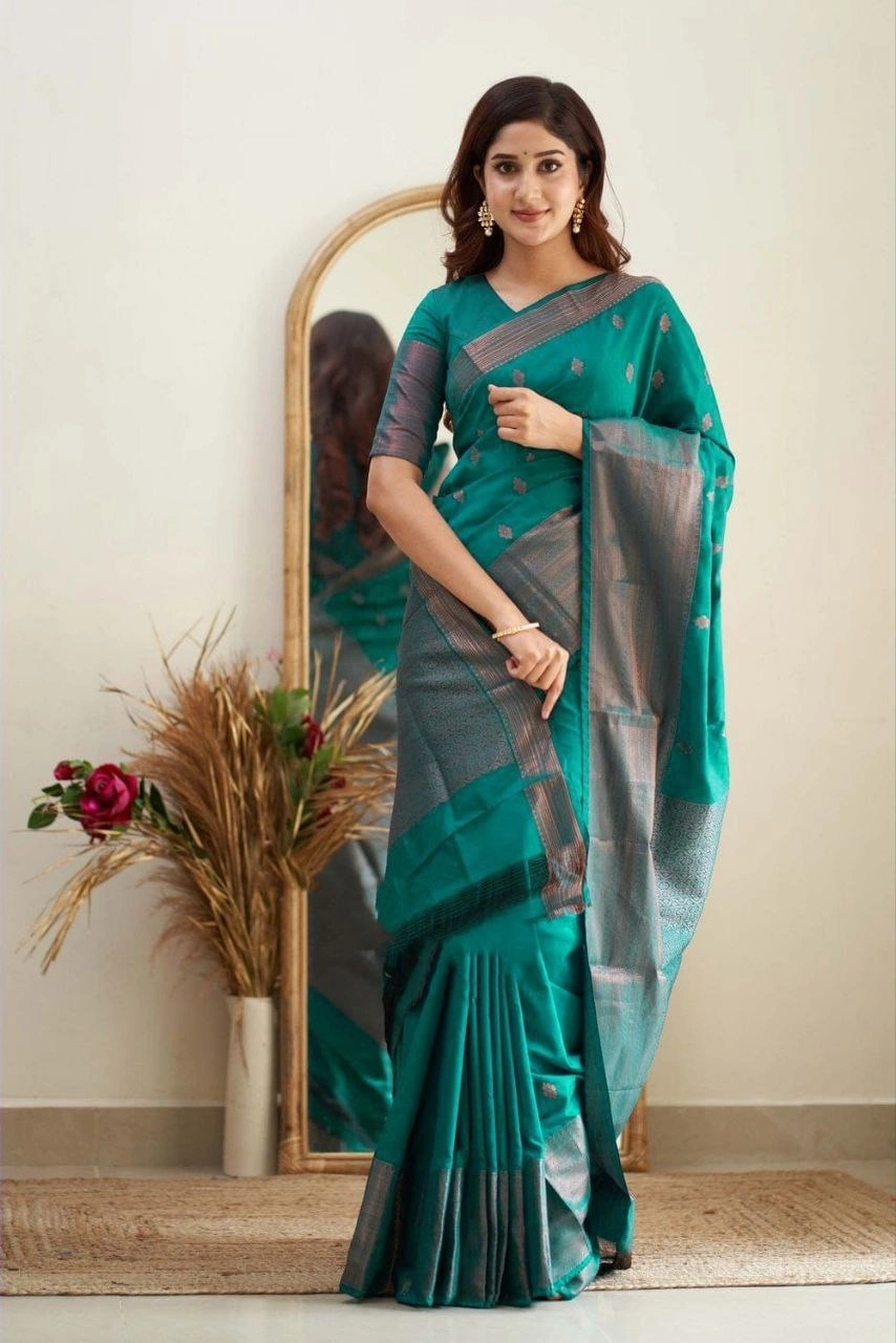 Soft Silk Saree with Copper Jari Work, Rich Design, and Jacquard Border Blouse Piece-SRIEktara-Rama