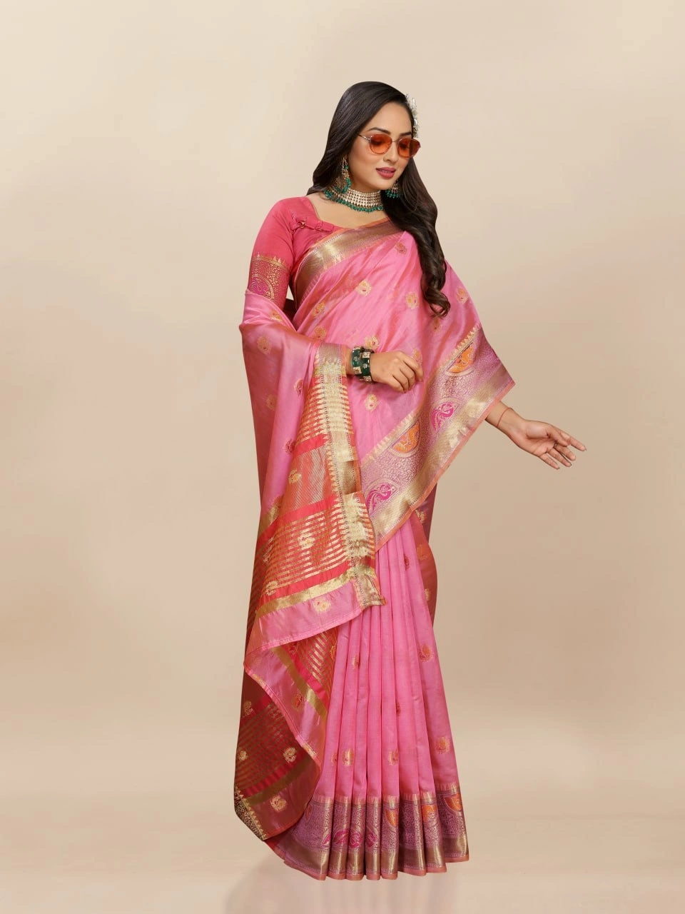 Soft Organza Silk Saree with Meenakari Weaving, Zari Pallu, and Silk Blouse Piece-RMNX-291-Pink