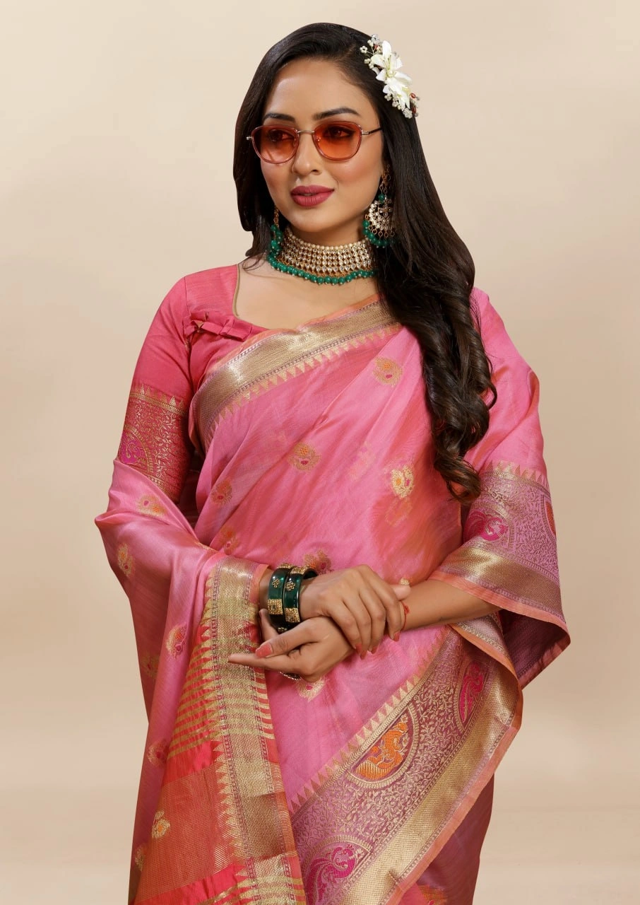 Soft Organza Silk Saree with Meenakari Weaving, Zari Pallu, and Silk Blouse Piece-Pink-1