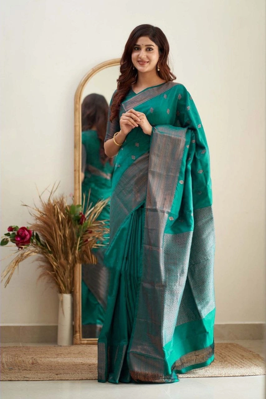 Soft Silk Saree with Copper Jari Work, Rich Design, and Jacquard Border Blouse Piece-Rama-1