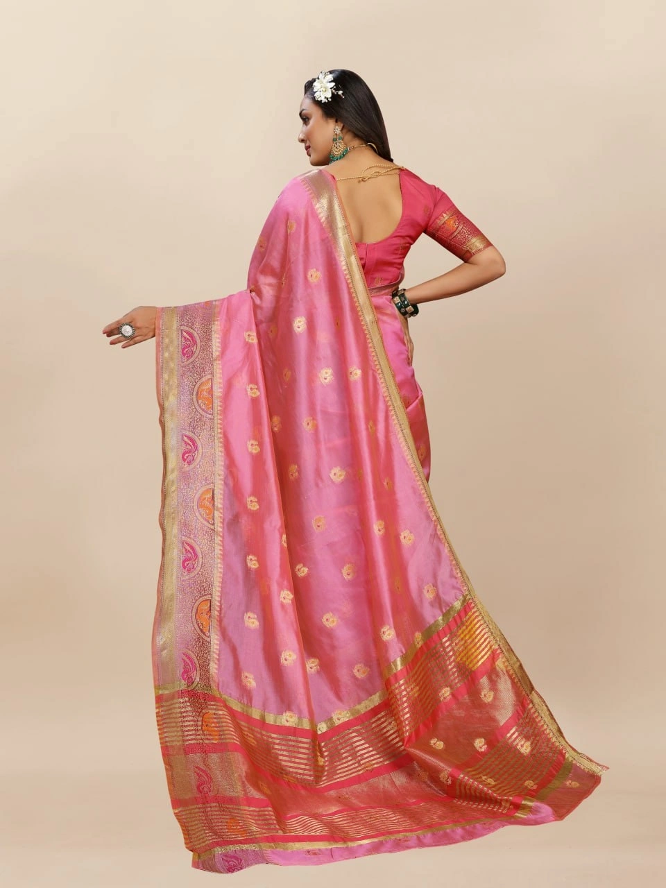 Soft Organza Silk Saree with Meenakari Weaving, Zari Pallu, and Silk Blouse Piece-Pink-2