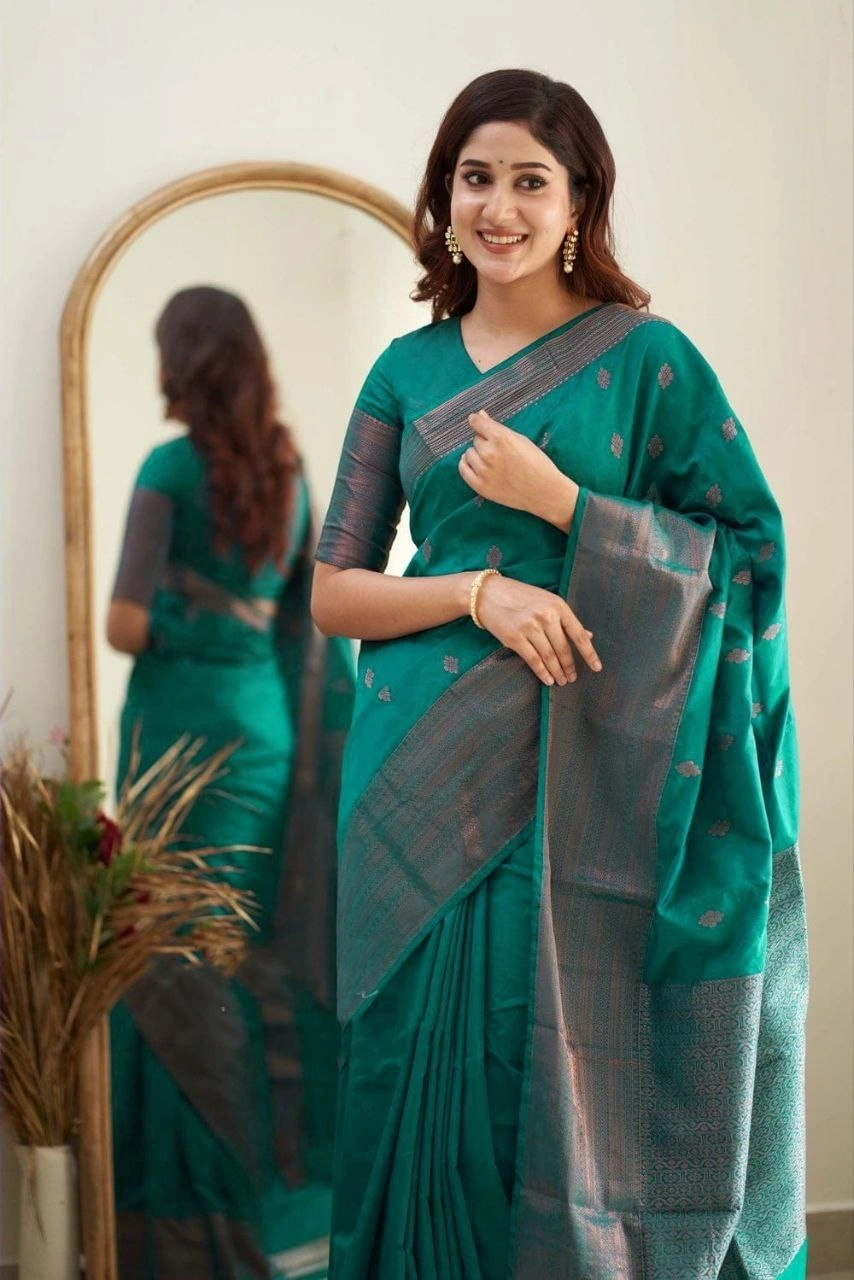 Soft Silk Saree with Copper Jari Work, Rich Design, and Jacquard Border Blouse Piece-Rama-2