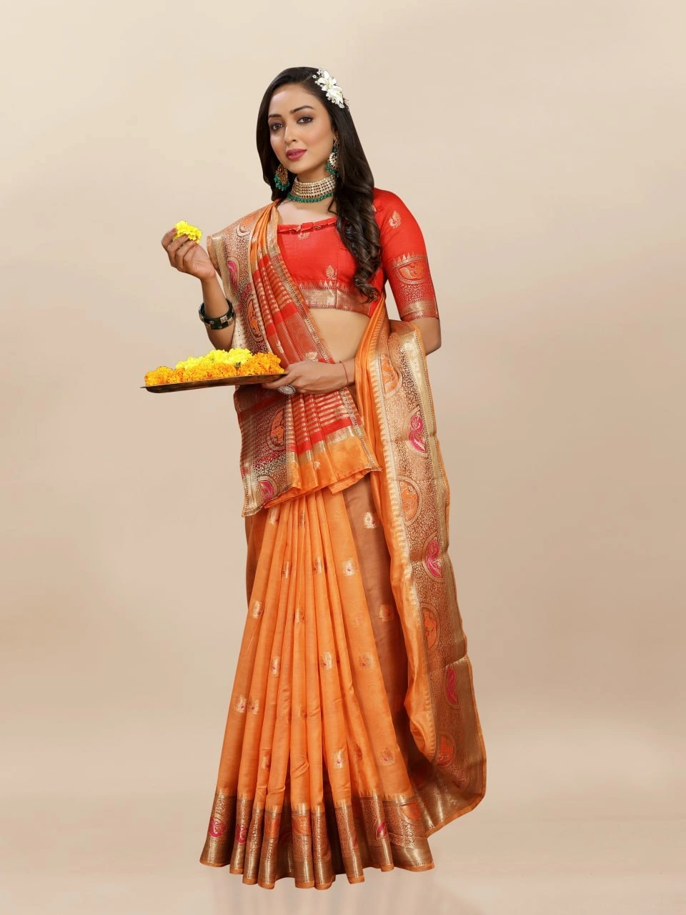 Soft Organza Silk Saree with Meenakari Weaving, Zari Pallu, and Silk Blouse Piece-RMNX-291-Orange