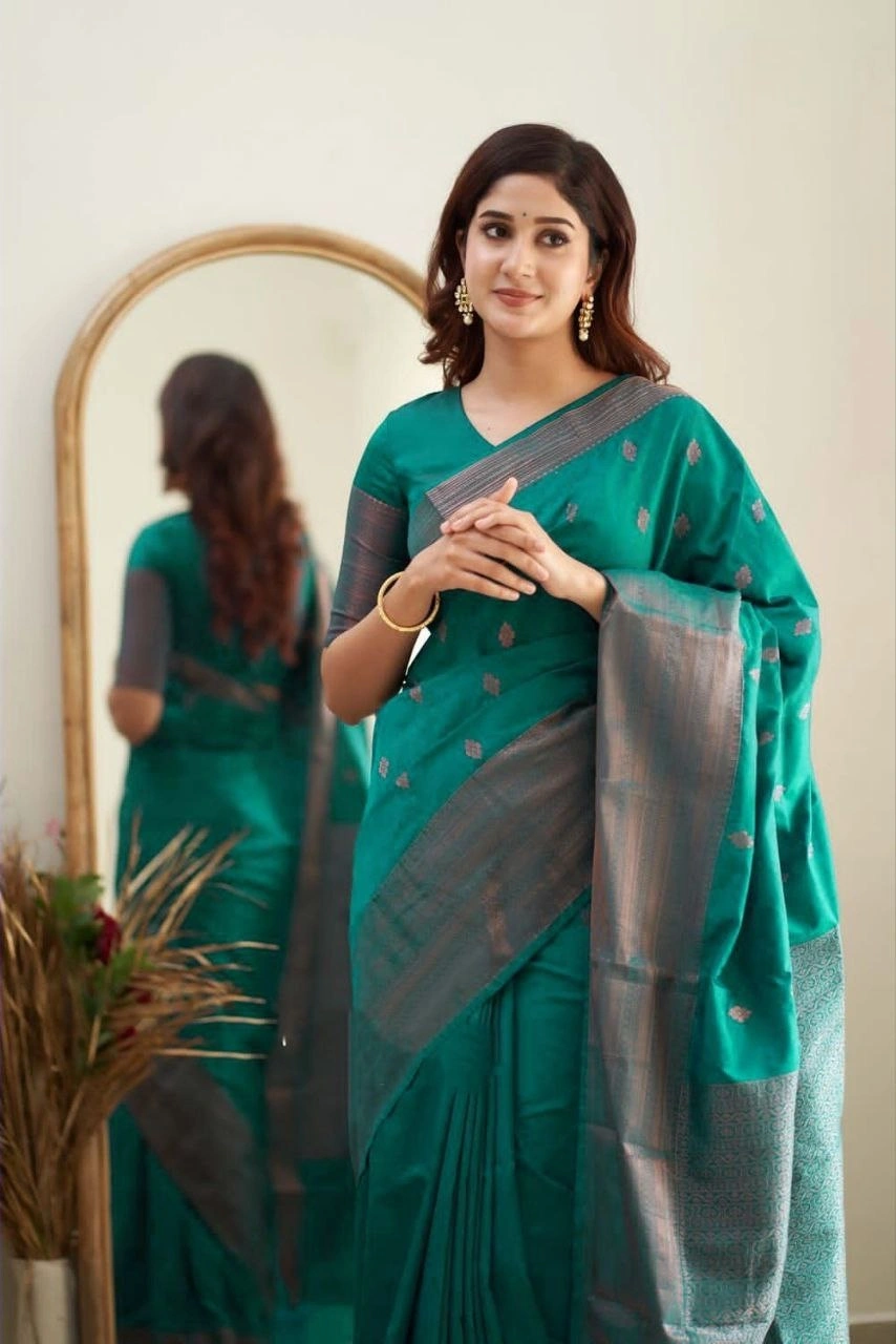 Soft Silk Saree with Copper Jari Work, Rich Design, and Jacquard Border Blouse Piece-Rama-3