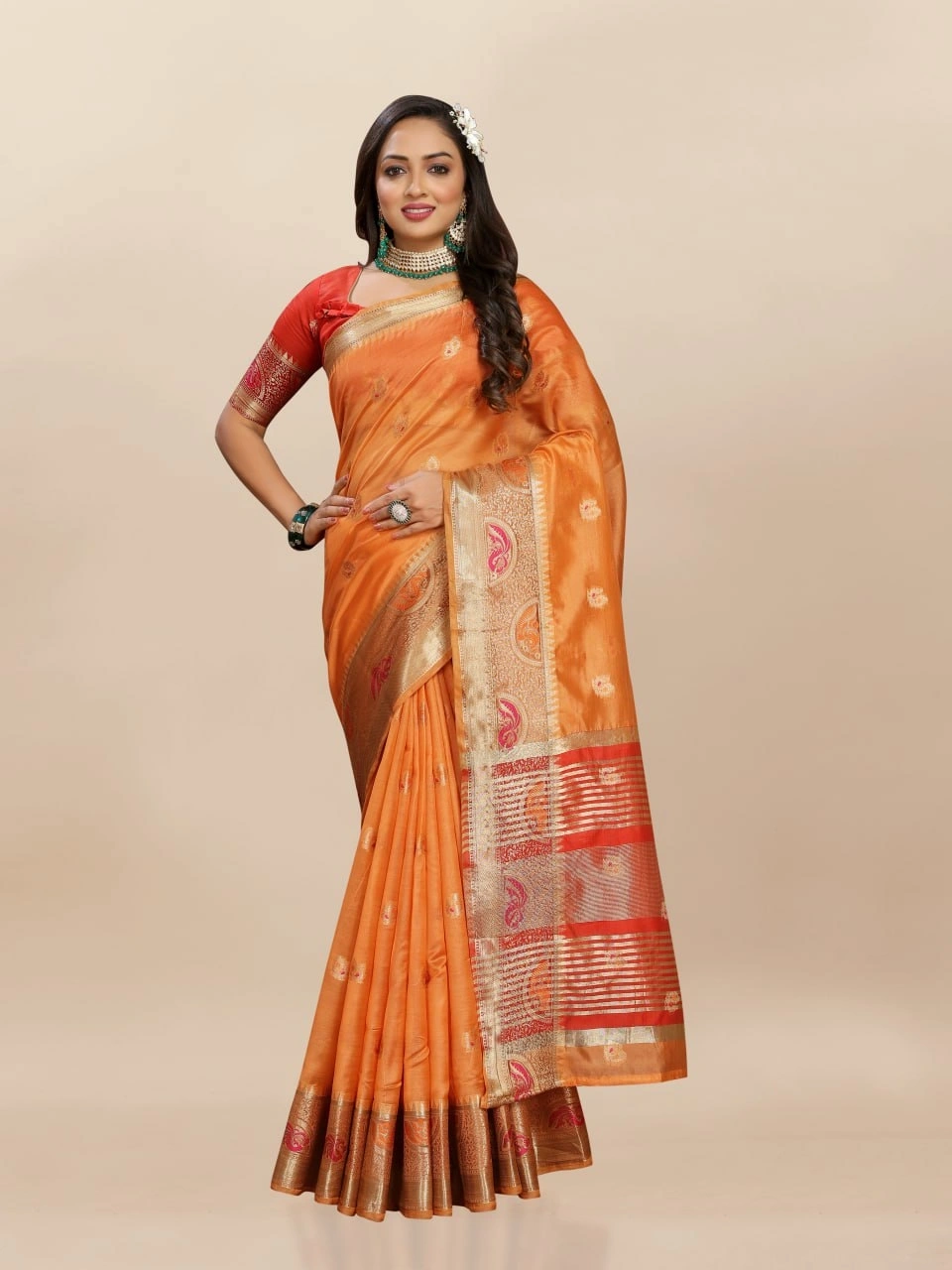 Soft Organza Silk Saree with Meenakari Weaving, Zari Pallu, and Silk Blouse Piece-Orange-1