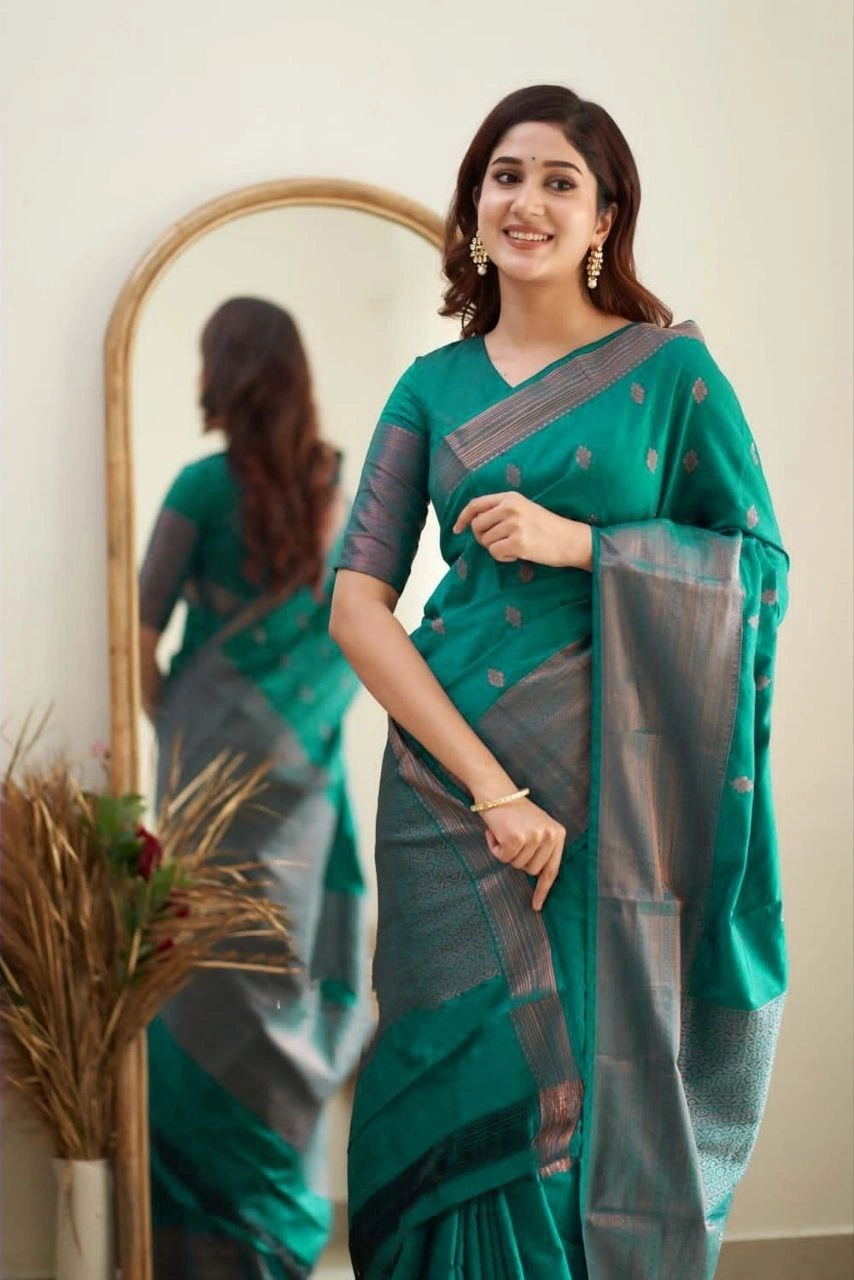 Soft Silk Saree with Copper Jari Work, Rich Design, and Jacquard Border Blouse Piece-Rama-4