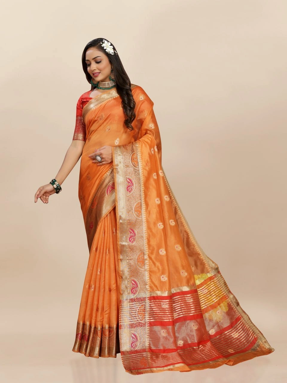 Soft Organza Silk Saree with Meenakari Weaving, Zari Pallu, and Silk Blouse Piece-Orange-3