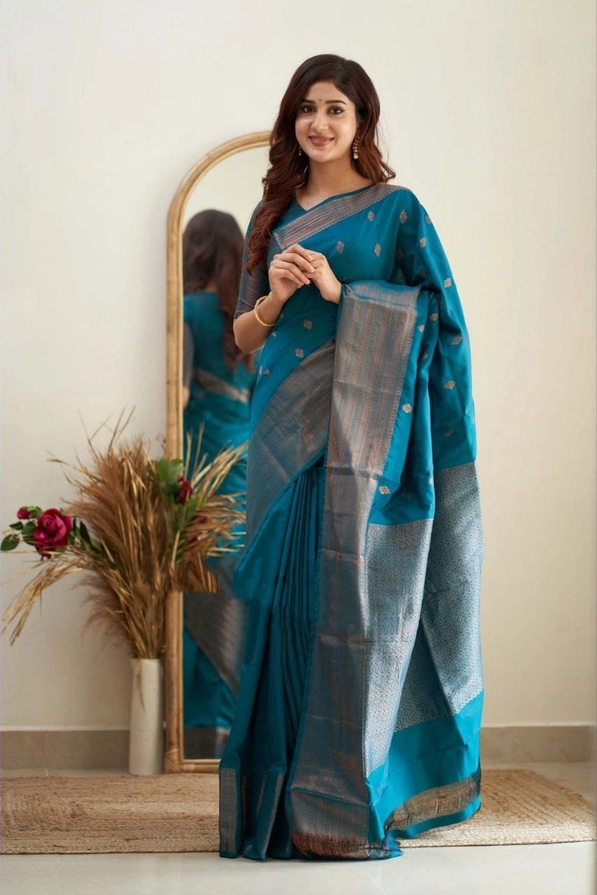 Soft Silk Saree with Copper Jari Work, Rich Design, and Jacquard Border Blouse Piece-SRIEktara-Firozi