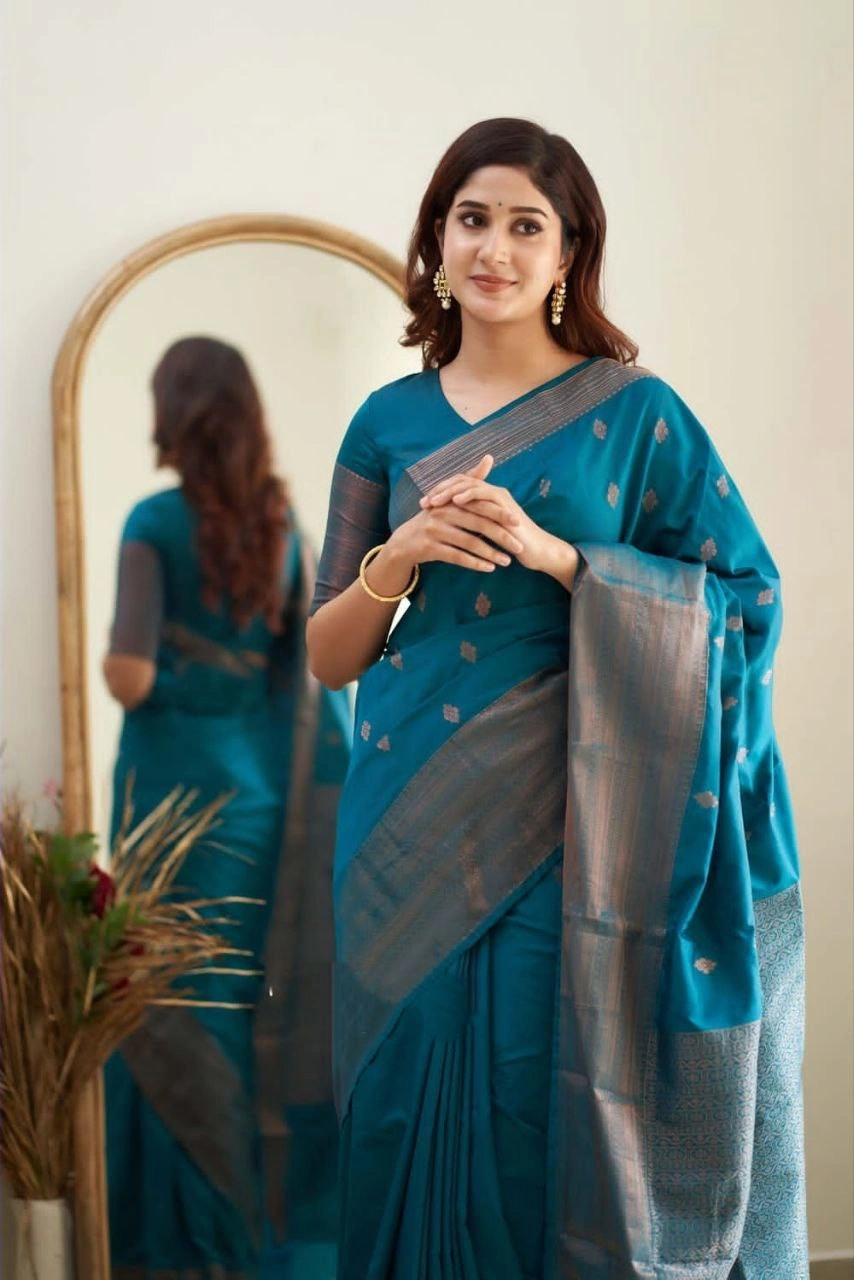 Soft Silk Saree with Copper Jari Work, Rich Design, and Jacquard Border Blouse Piece-Firozi-1