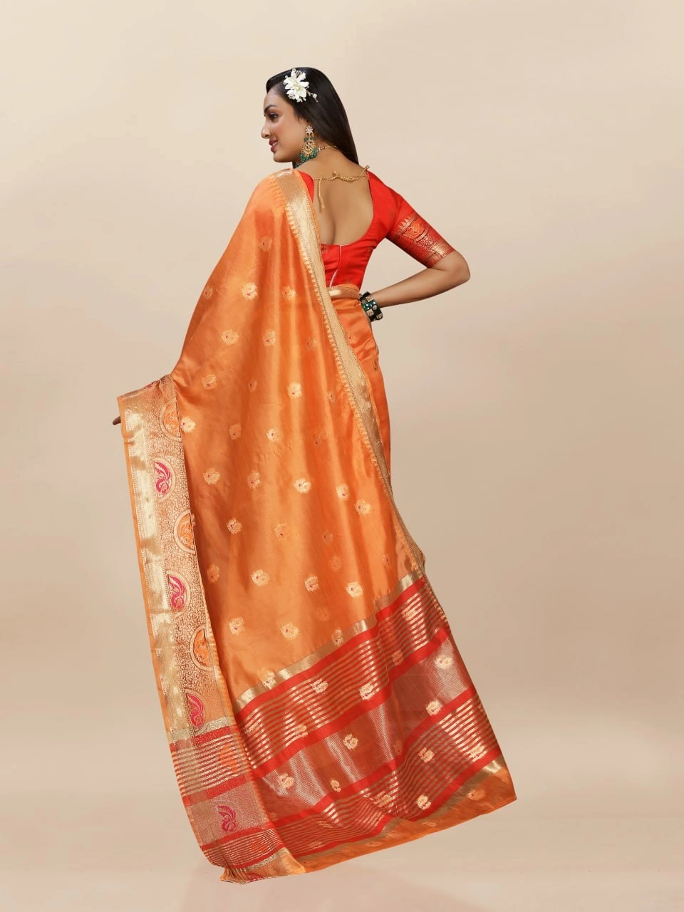 Soft Organza Silk Saree with Meenakari Weaving, Zari Pallu, and Silk Blouse Piece-Orange-4