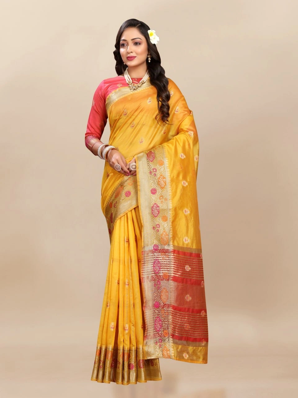 Soft Organza Silk Saree with Meenakari Weaving, Zari Pallu, and Silk Blouse Piece-RMNX-292-Yellow