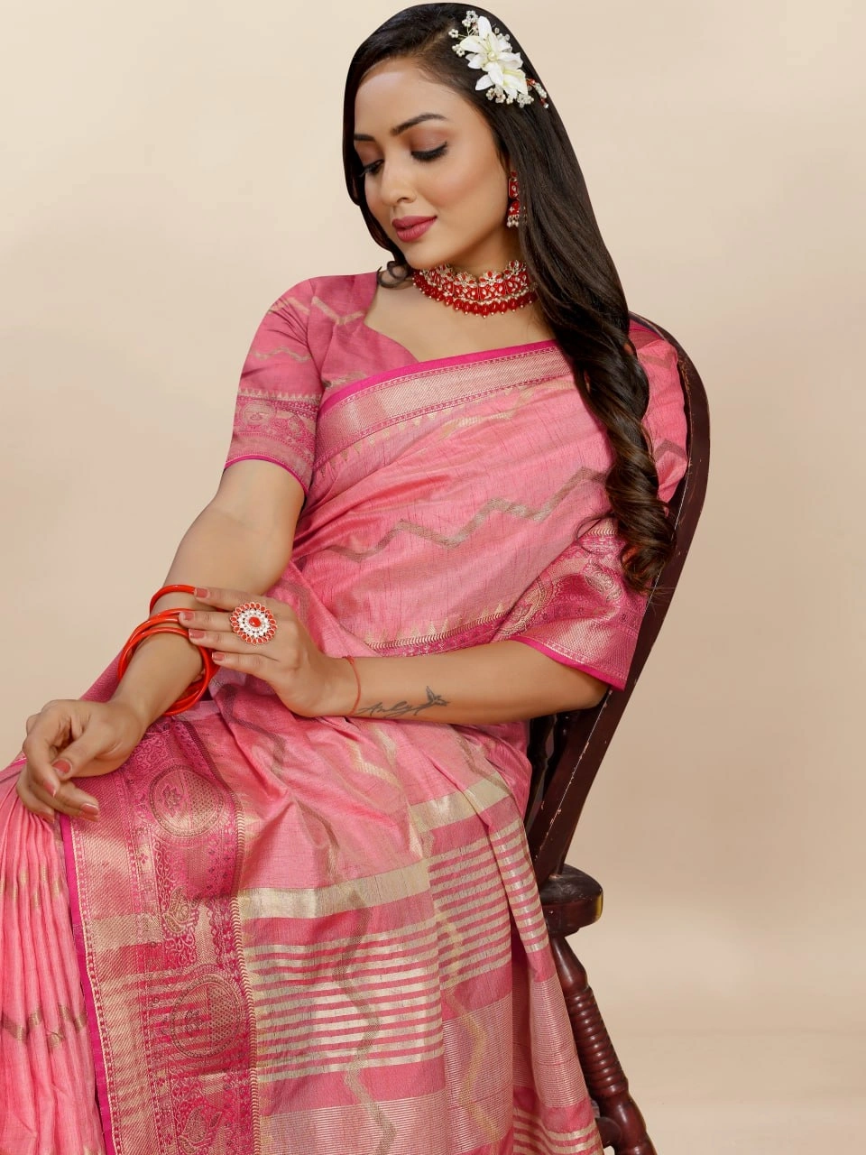 Soft Katan Silk Saree with Zari Weaving Design, Pallu, Border &amp; Silk Blouse Piece-Peach-1