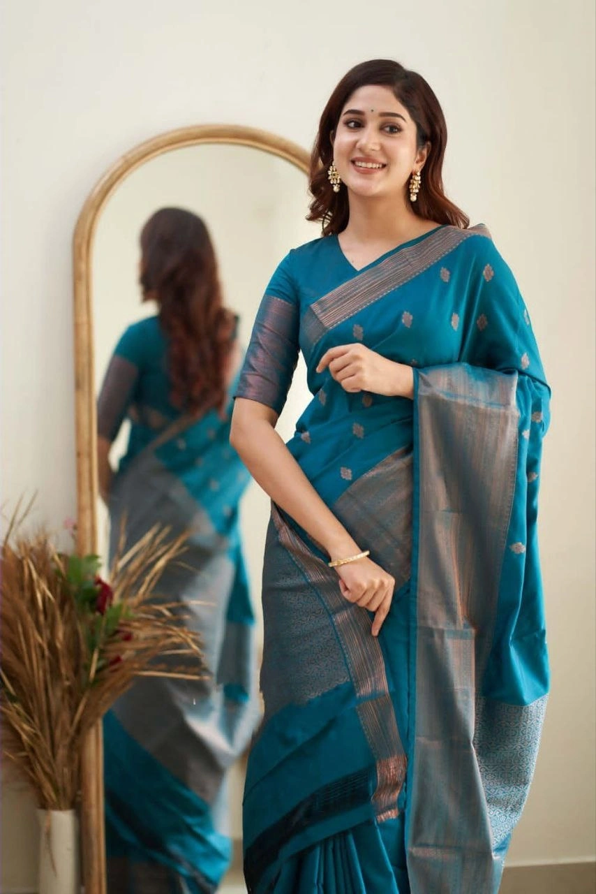 Soft Silk Saree with Copper Jari Work, Rich Design, and Jacquard Border Blouse Piece-Firozi-3