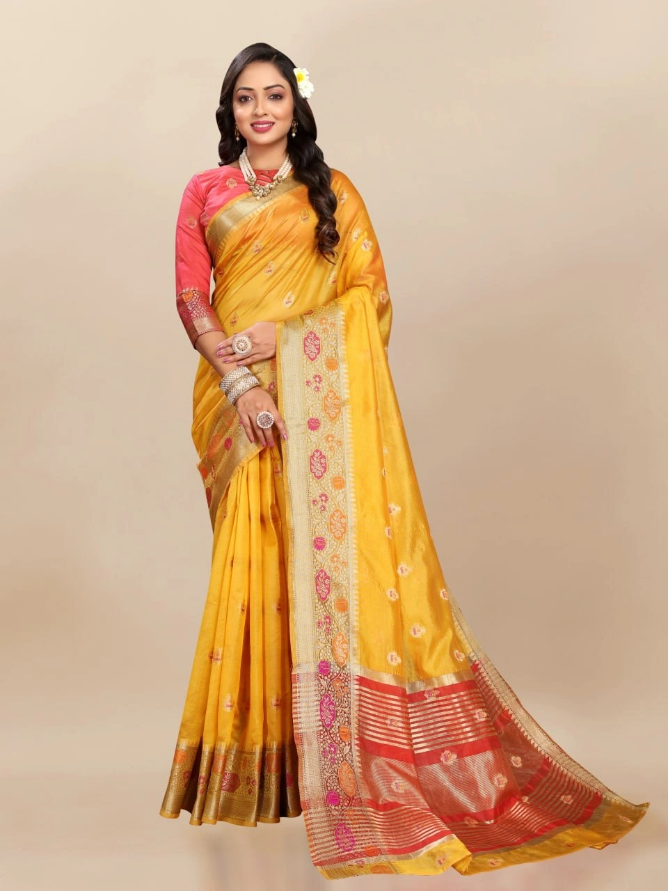 Soft Organza Silk Saree with Meenakari Weaving, Zari Pallu, and Silk Blouse Piece-Yellow-1