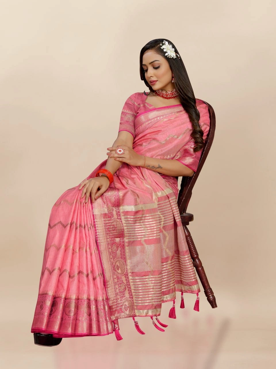 Soft Katan Silk Saree with Zari Weaving Design, Pallu, Border &amp; Silk Blouse Piece-Peach-2