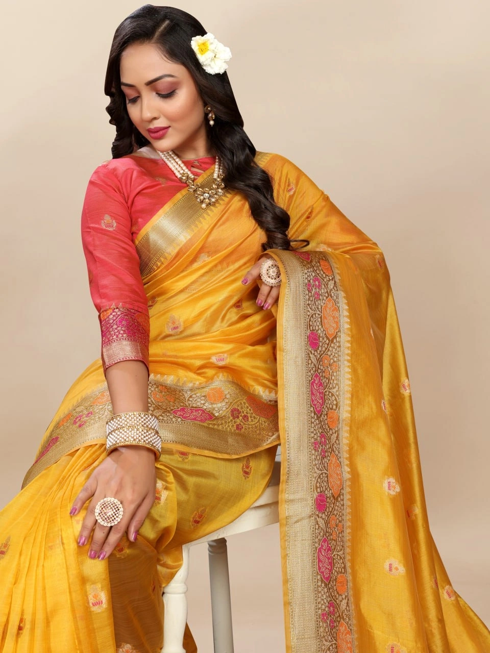 Soft Organza Silk Saree with Meenakari Weaving, Zari Pallu, and Silk Blouse Piece-Yellow-2