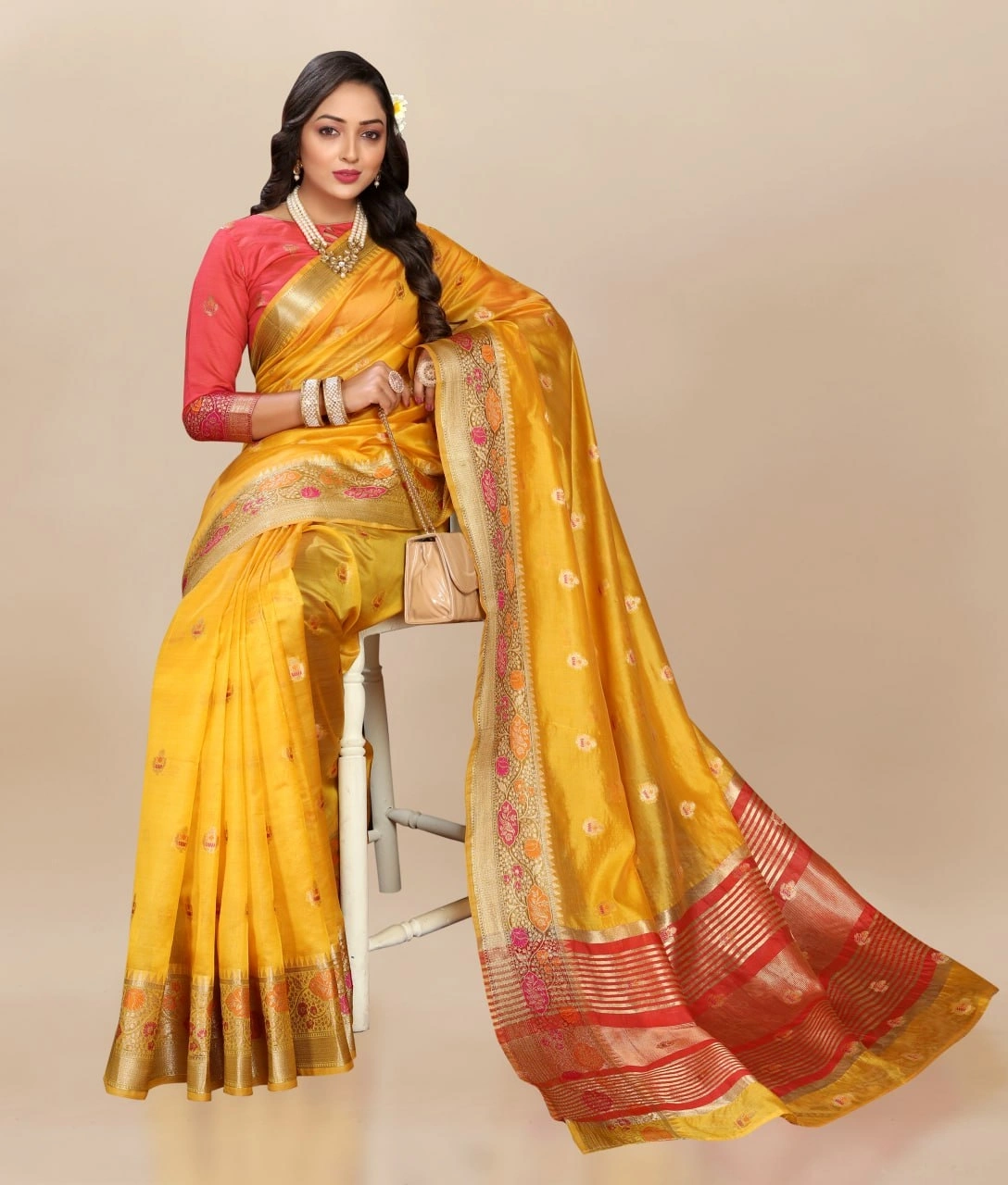 Soft Organza Silk Saree with Meenakari Weaving, Zari Pallu, and Silk Blouse Piece-Yellow-3