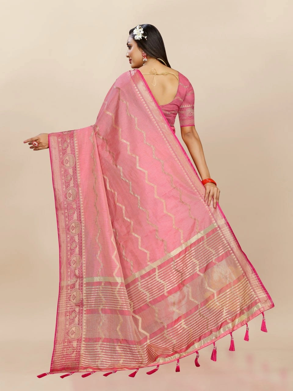 Soft Katan Silk Saree with Zari Weaving Design, Pallu, Border &amp; Silk Blouse Piece-Peach-4