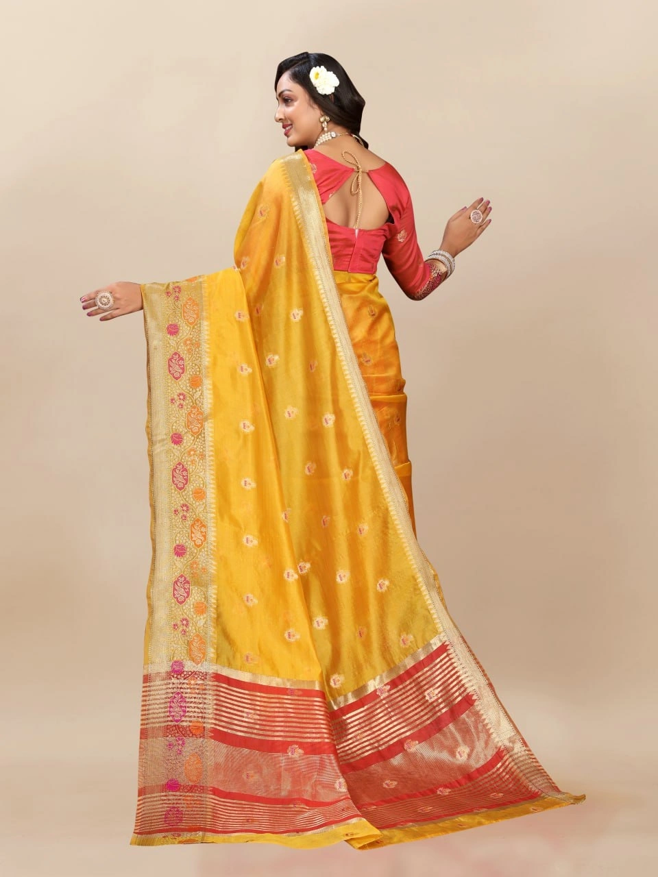 Soft Organza Silk Saree with Meenakari Weaving, Zari Pallu, and Silk Blouse Piece-Yellow-4