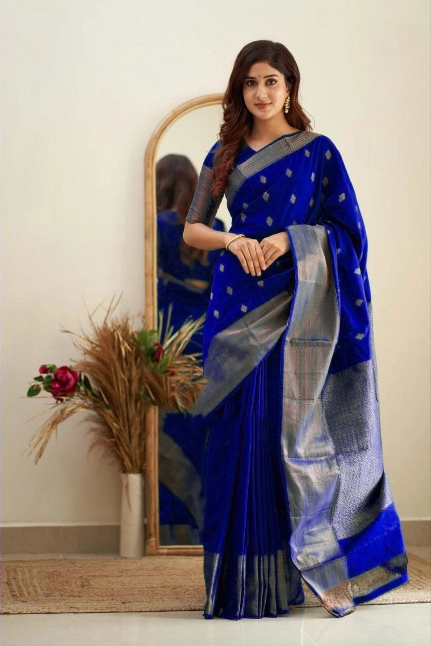 Soft Silk Saree with Copper Jari Work, Rich Design, and Jacquard Border Blouse Piece-SRIEktara-Blue