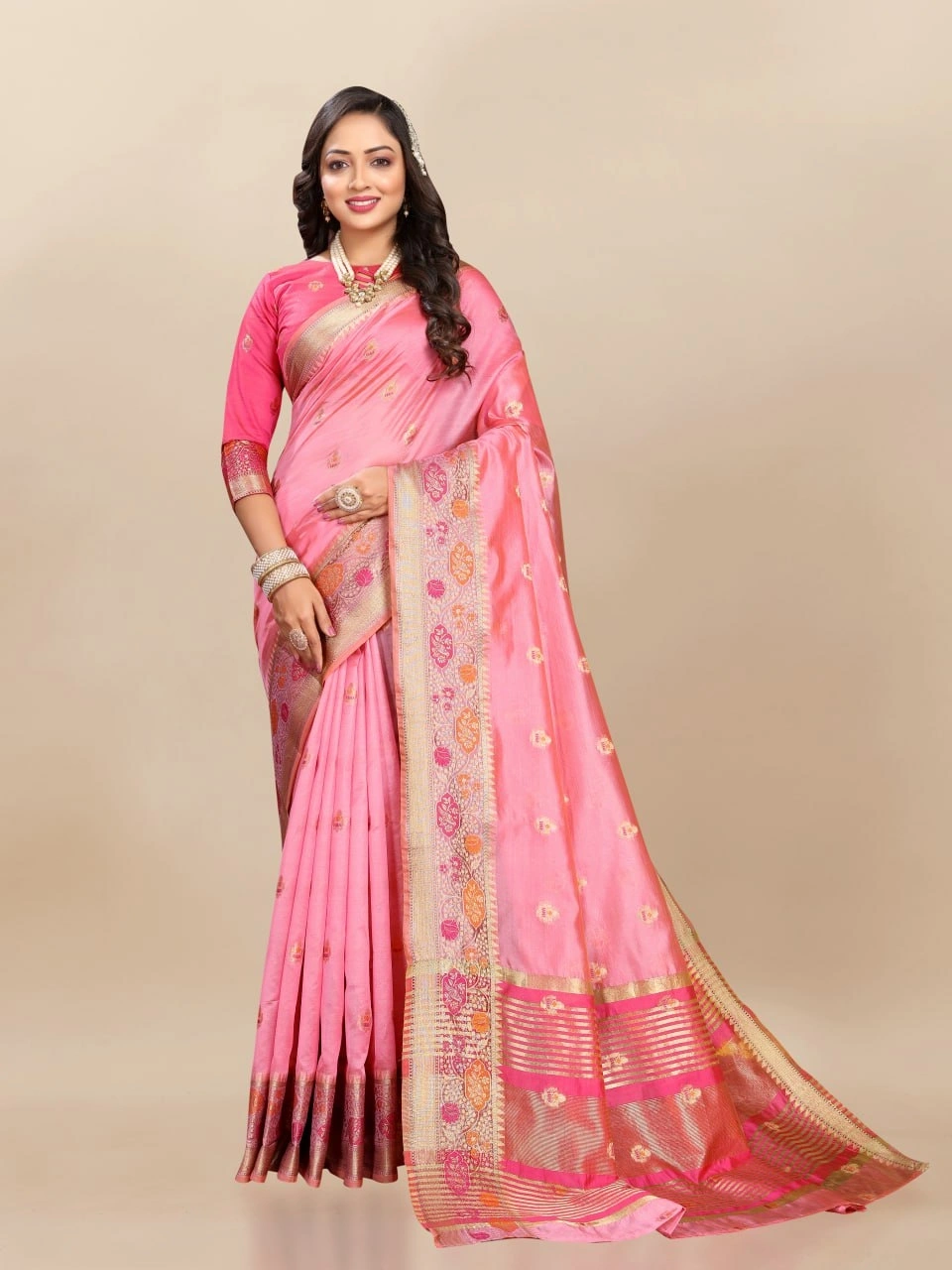 Soft Organza Silk Saree with Meenakari Weaving, Zari Pallu, and Silk Blouse Piece-RMNX-292-Pink