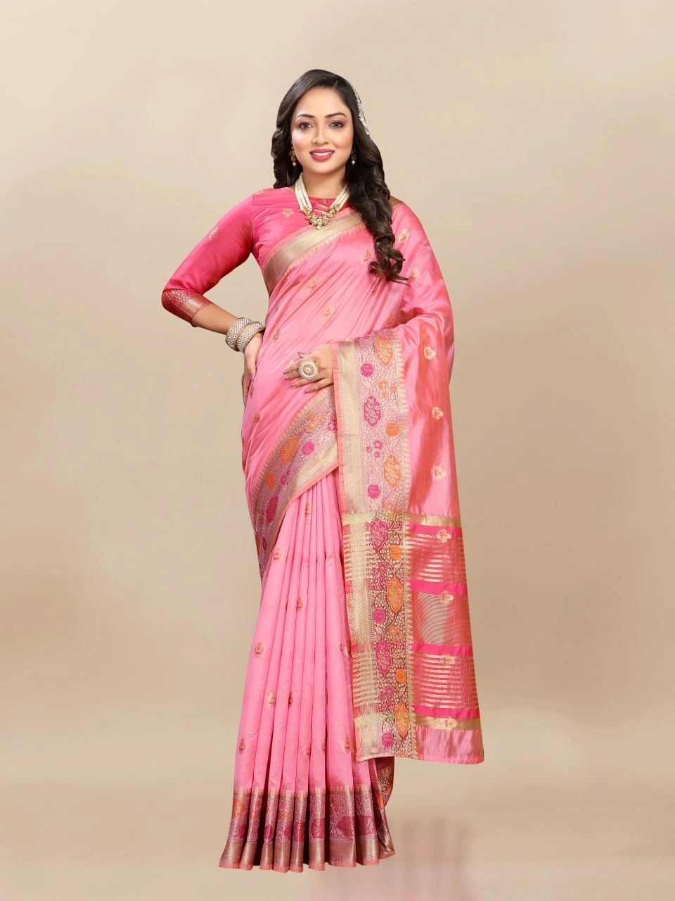 Soft Organza Silk Saree with Meenakari Weaving, Zari Pallu, and Silk Blouse Piece-Pink-1