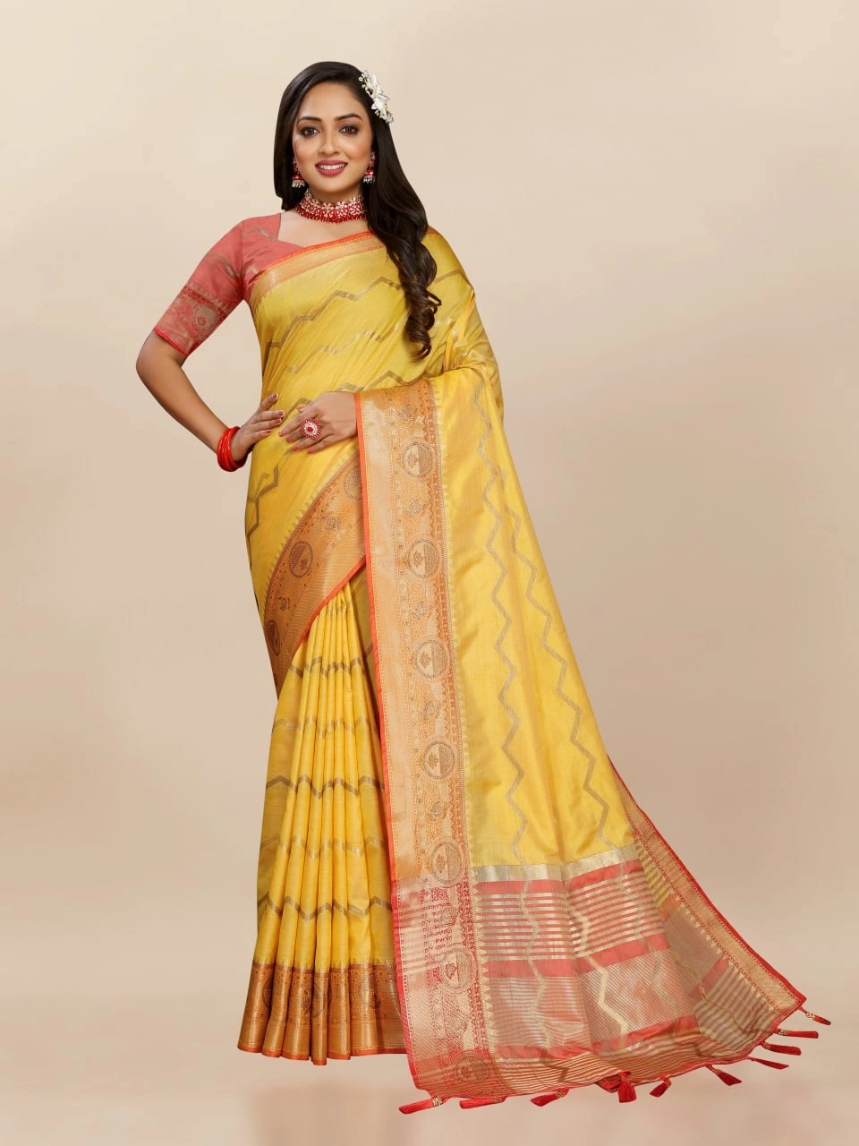 Soft Katan Silk Saree with Zari Weaving Design, Pallu, Border &amp; Silk Blouse Piece-RMNX-293-Yellow