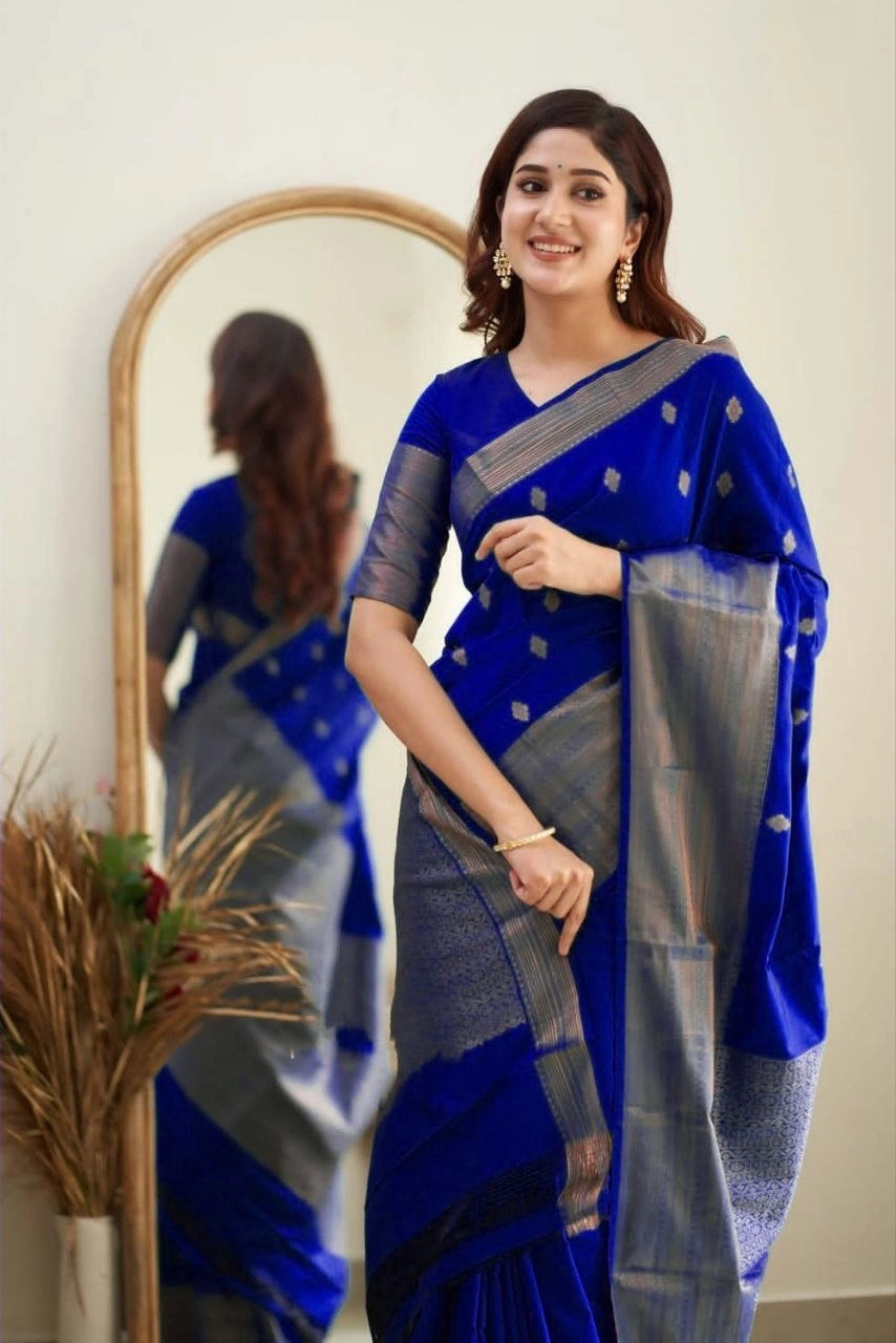 Soft Silk Saree with Copper Jari Work, Rich Design, and Jacquard Border Blouse Piece-Blue-1