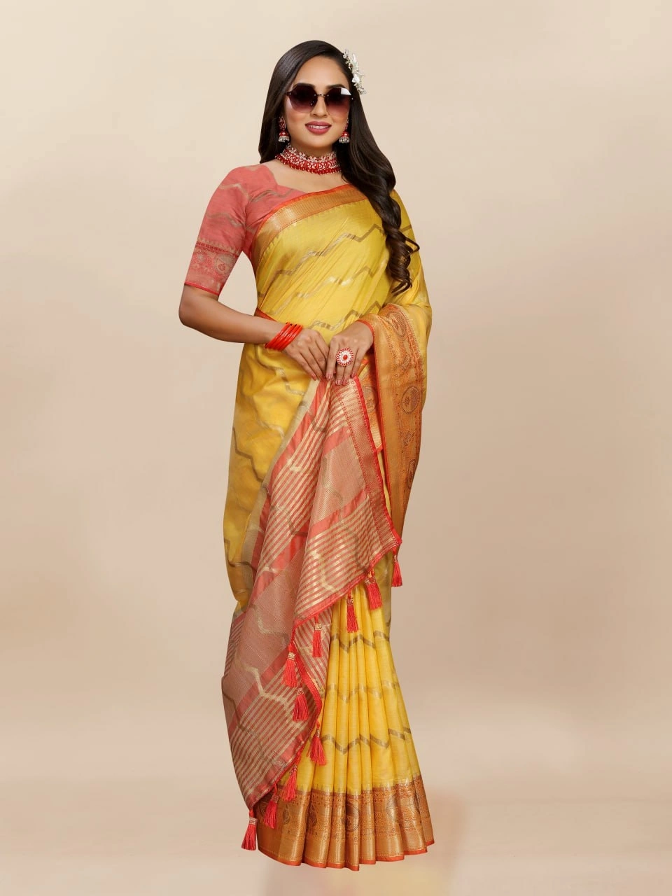 Soft Katan Silk Saree with Zari Weaving Design, Pallu, Border &amp; Silk Blouse Piece-Yellow-1