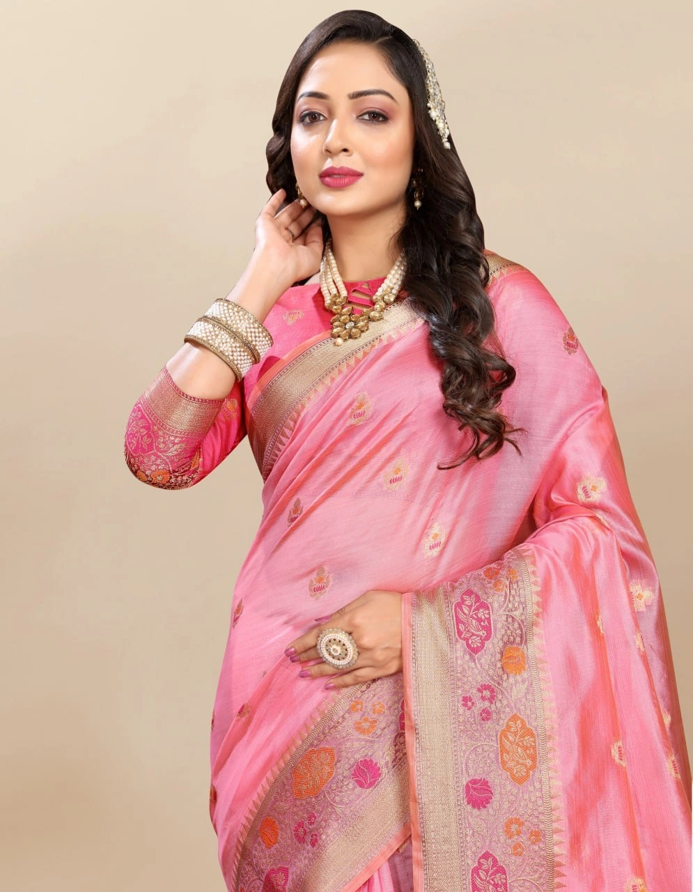 Soft Organza Silk Saree with Meenakari Weaving, Zari Pallu, and Silk Blouse Piece-Pink-2