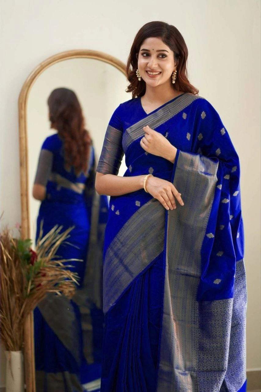 Soft Silk Saree with Copper Jari Work, Rich Design, and Jacquard Border Blouse Piece-Blue-2