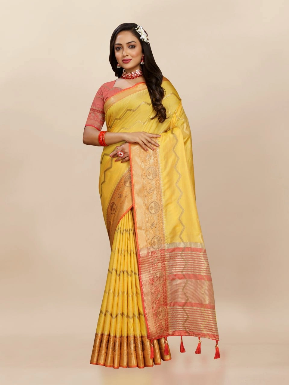 Soft Katan Silk Saree with Zari Weaving Design, Pallu, Border &amp; Silk Blouse Piece-Yellow-2