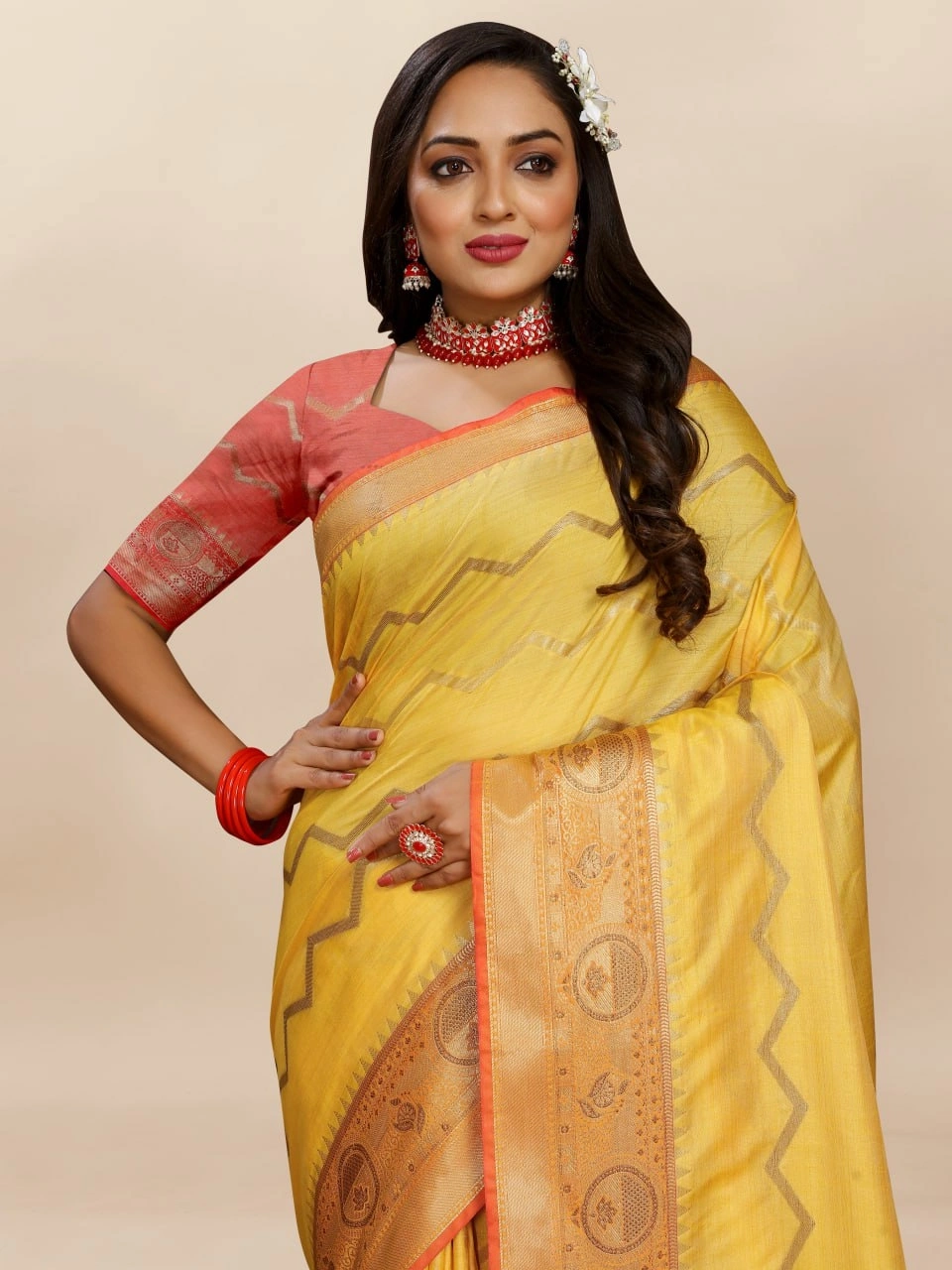 Soft Katan Silk Saree with Zari Weaving Design, Pallu, Border &amp; Silk Blouse Piece-Yellow-3