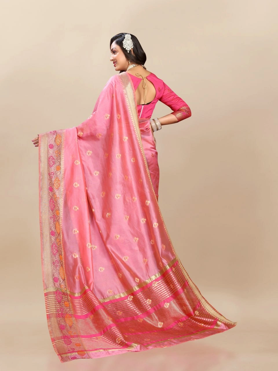 Soft Organza Silk Saree with Meenakari Weaving, Zari Pallu, and Silk Blouse Piece-Pink-3