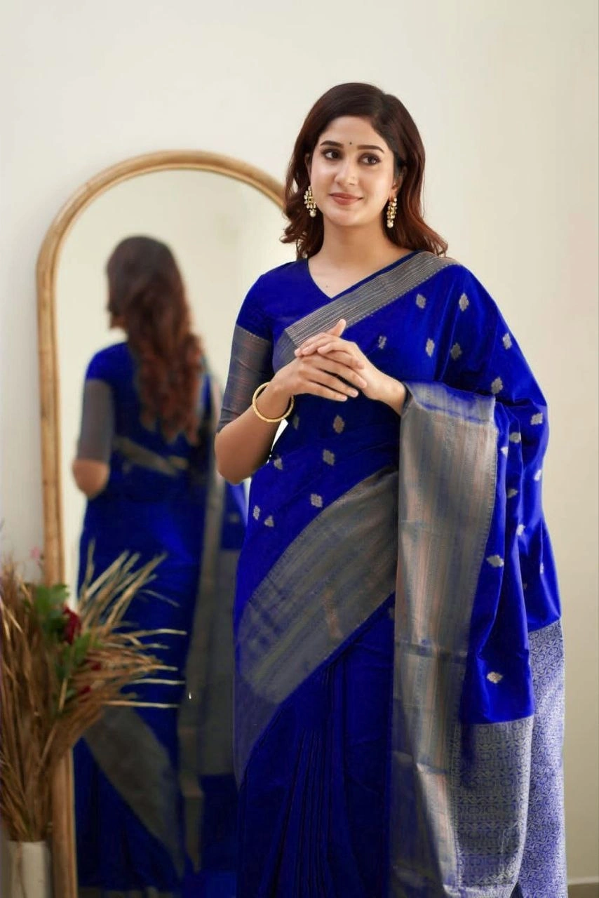 Soft Silk Saree with Copper Jari Work, Rich Design, and Jacquard Border Blouse Piece-Blue-3