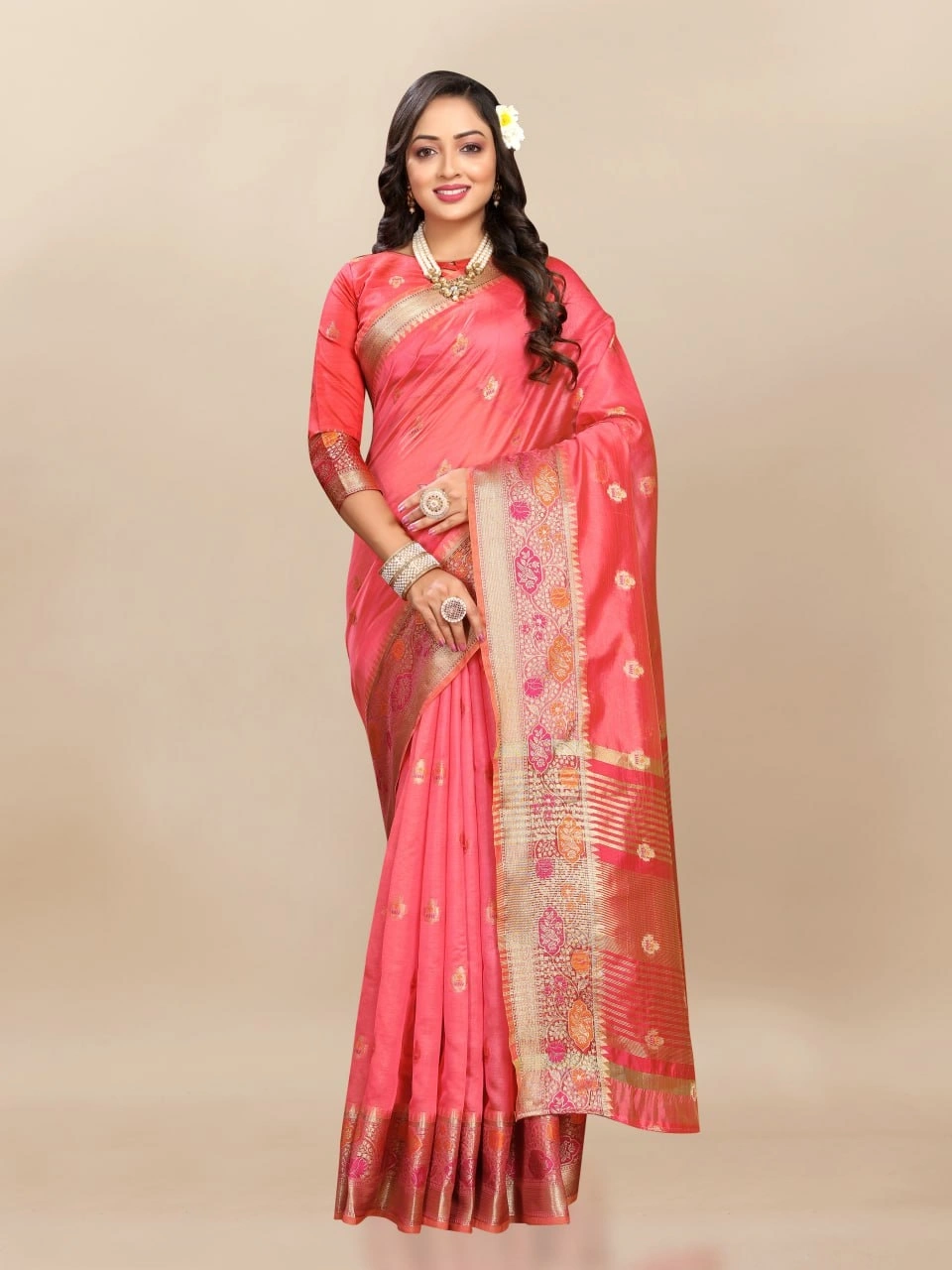 Soft Organza Silk Saree with Meenakari Weaving, Zari Pallu, and Silk Blouse Piece-RMNX-292-Red