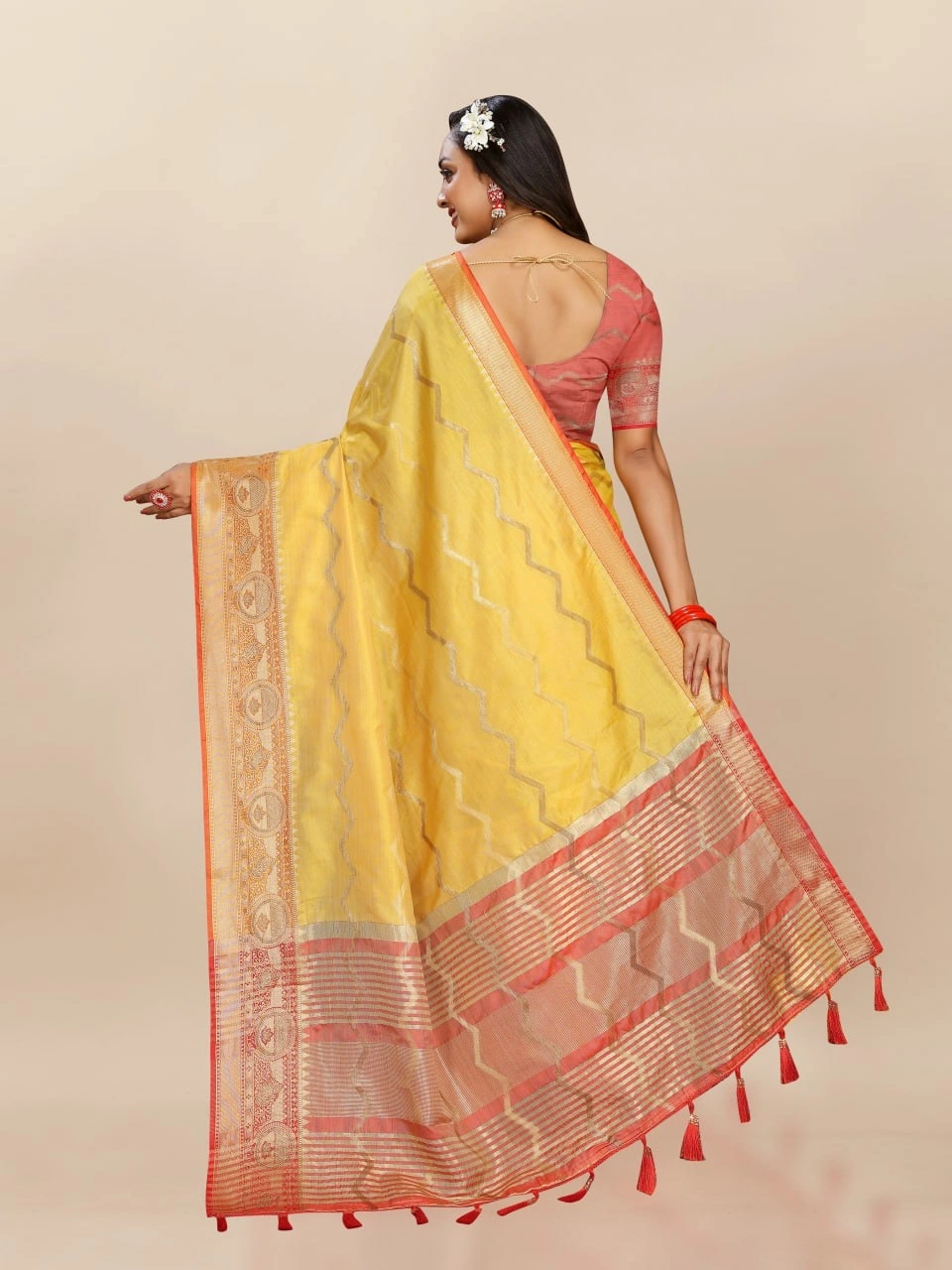 Soft Katan Silk Saree with Zari Weaving Design, Pallu, Border &amp; Silk Blouse Piece-Yellow-4