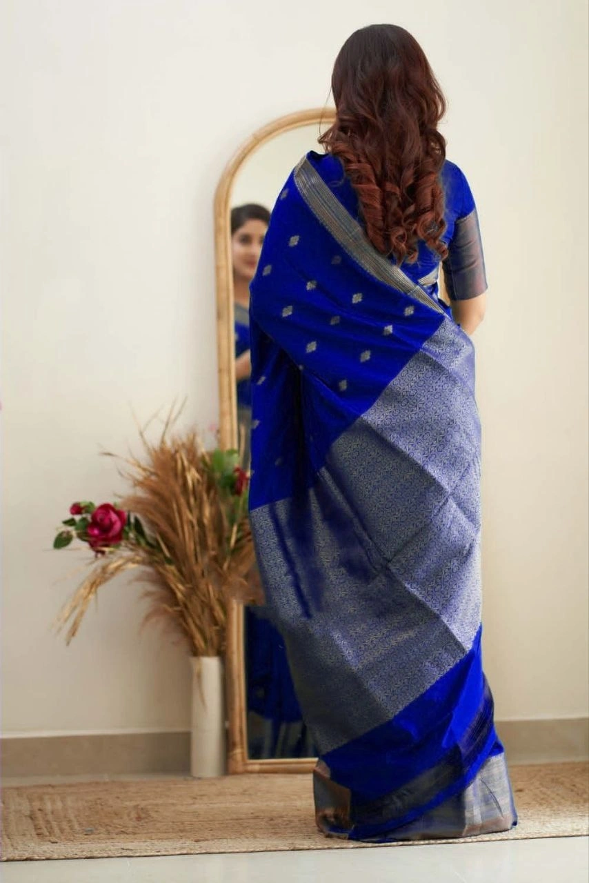 Soft Silk Saree with Copper Jari Work, Rich Design, and Jacquard Border Blouse Piece-Blue-4