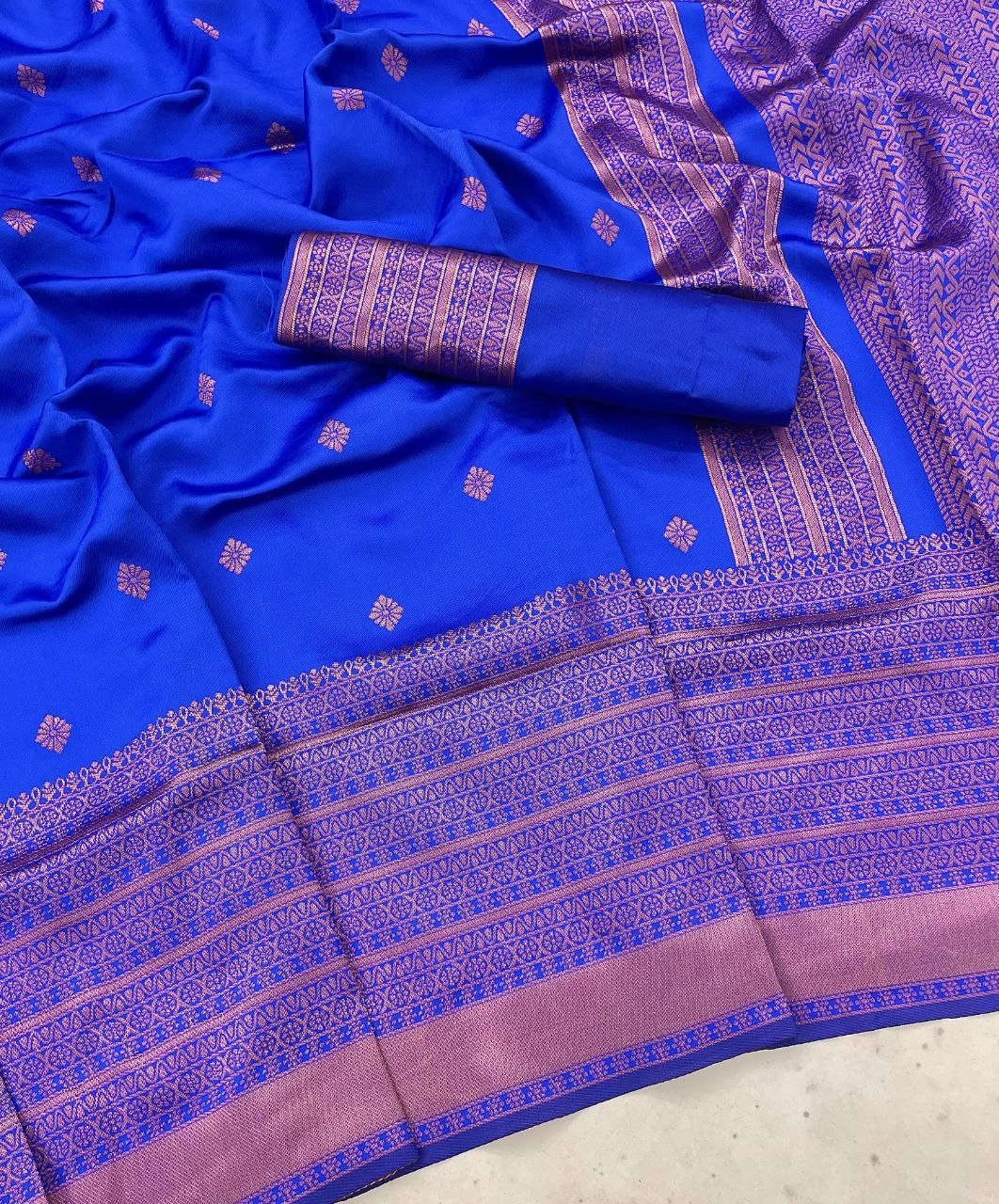 Soft Silk Saree with Copper Jari Work, Rich Design, and Jacquard Border Blouse Piece-Blue-5