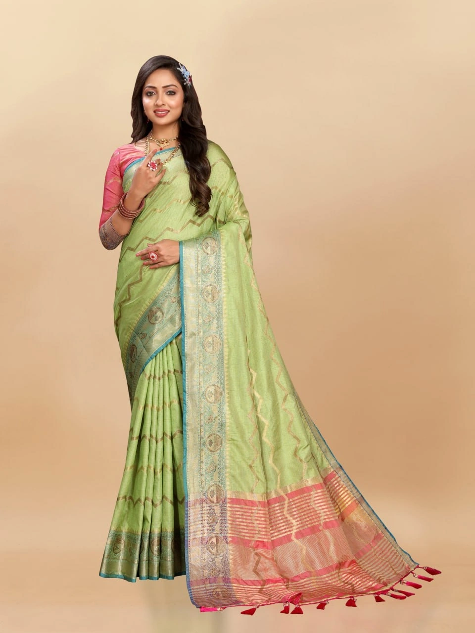 Soft Katan Silk Saree with Zari Weaving Design, Pallu, Border &amp; Silk Blouse Piece-RMNX-293-Pista