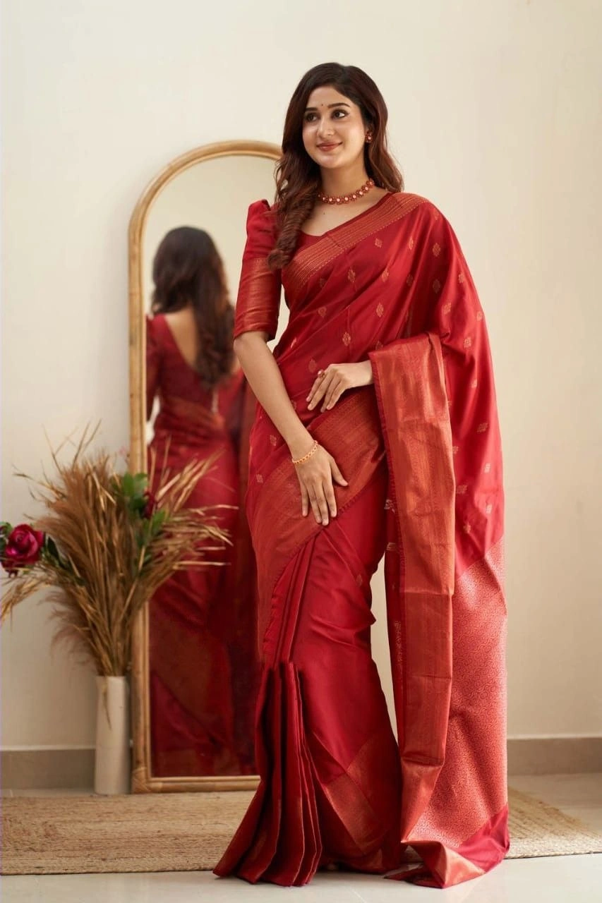 Soft Silk Saree with Copper Jari Work, Rich Design, and Jacquard Border Blouse Piece-SRIEktara-Red