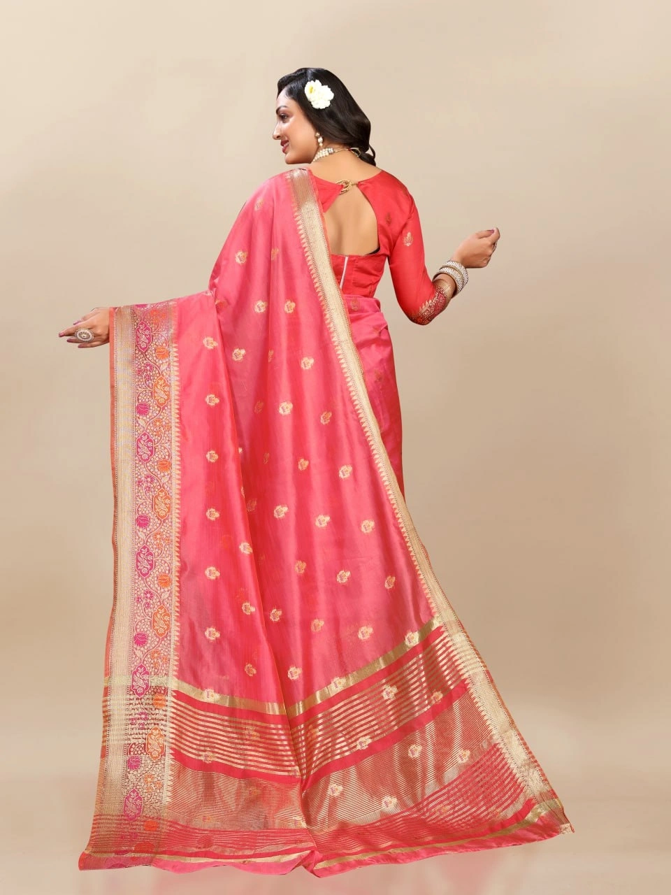 Soft Organza Silk Saree with Meenakari Weaving, Zari Pallu, and Silk Blouse Piece-Red-3